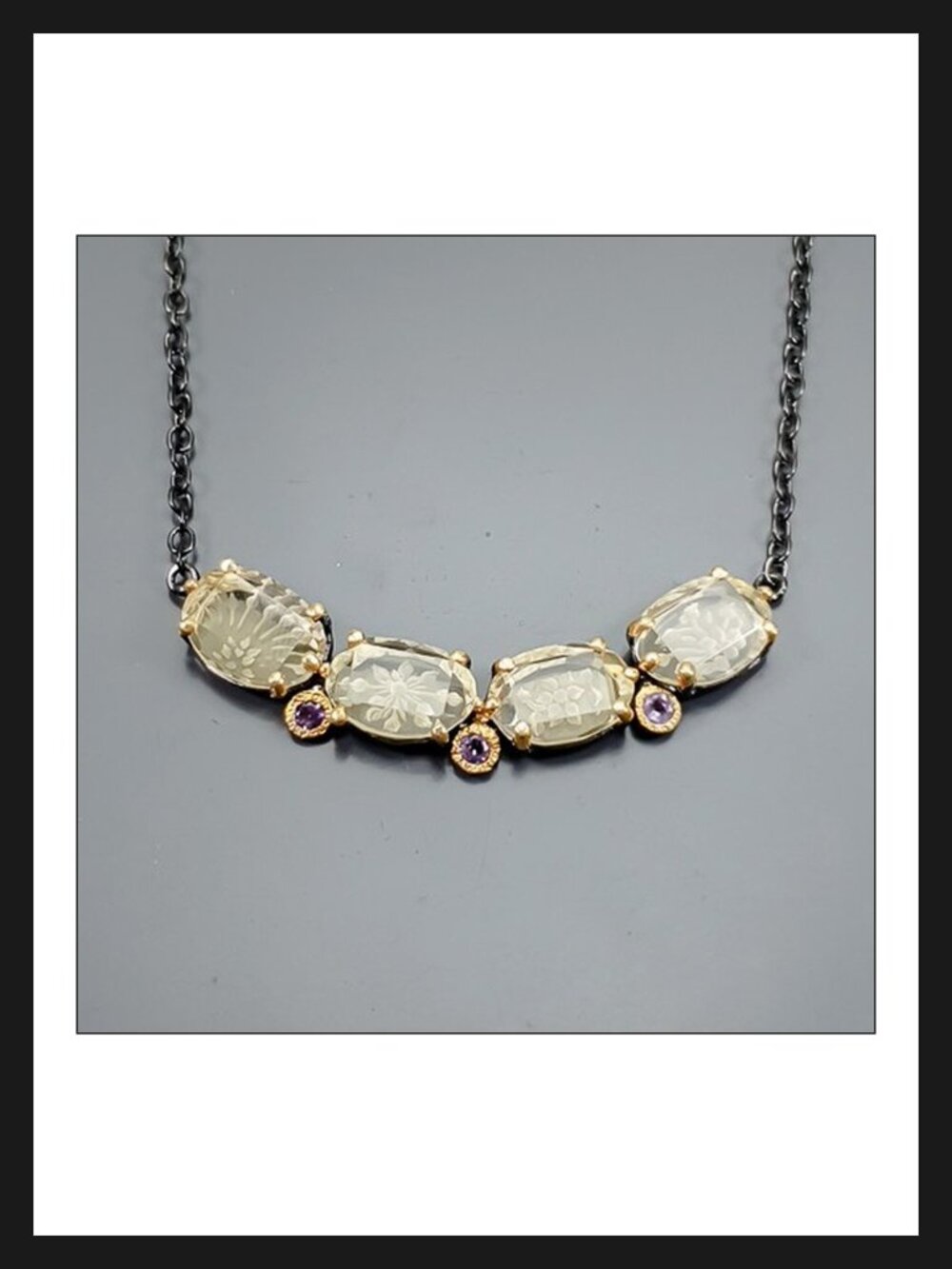 Necklace 28CT Etched Lemon Quartz with Amethyst Accents 925 17.75"